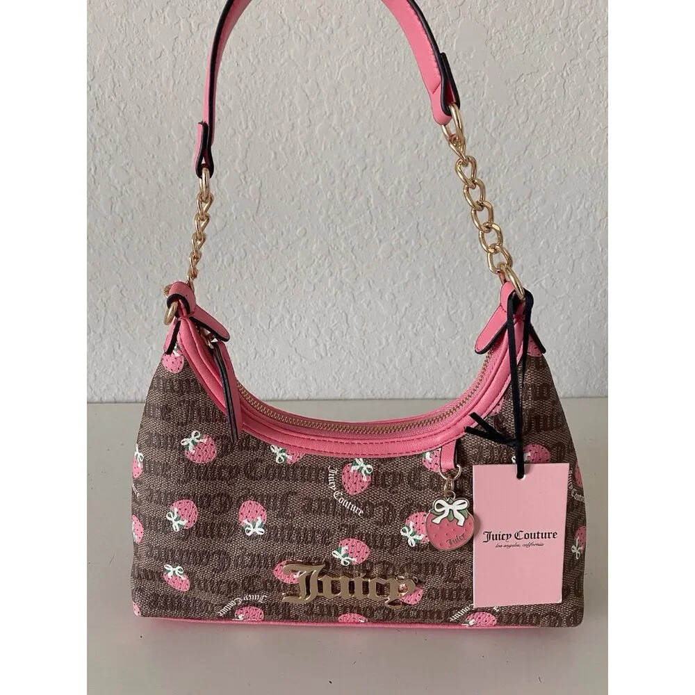 Juicy Couture Berry Sweet Hobo Bag Chestnut Chino‎ W/Strawberry Charm NEW